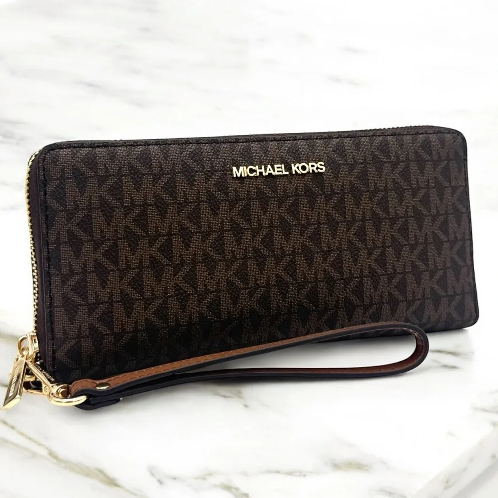 Michael Kors Large Continental Wallet Wristlet Brown Signature